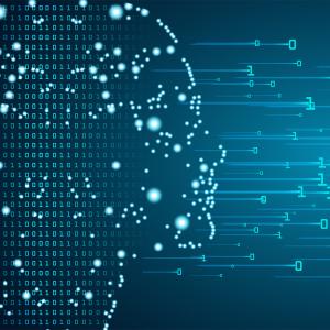 Cyber mind concept in form of women face outline with circuit board and binary data flow on blue background.