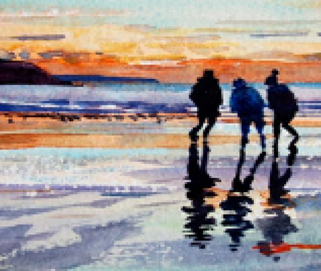 Peinture de trois amis sur une plage