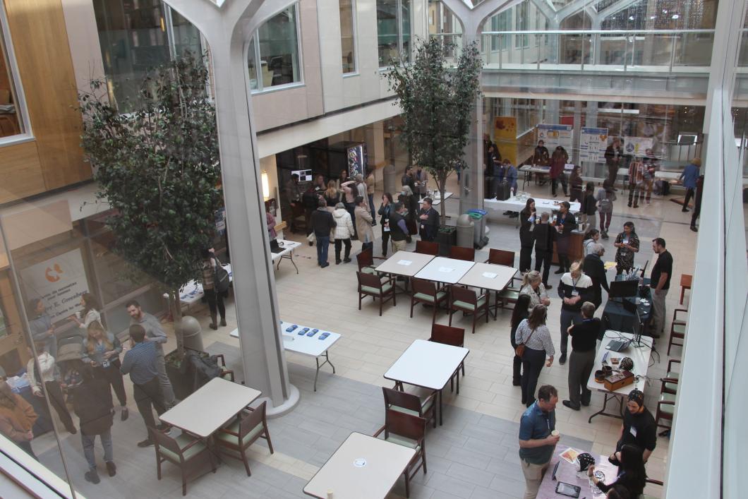 Overhead view of Research Week booths 