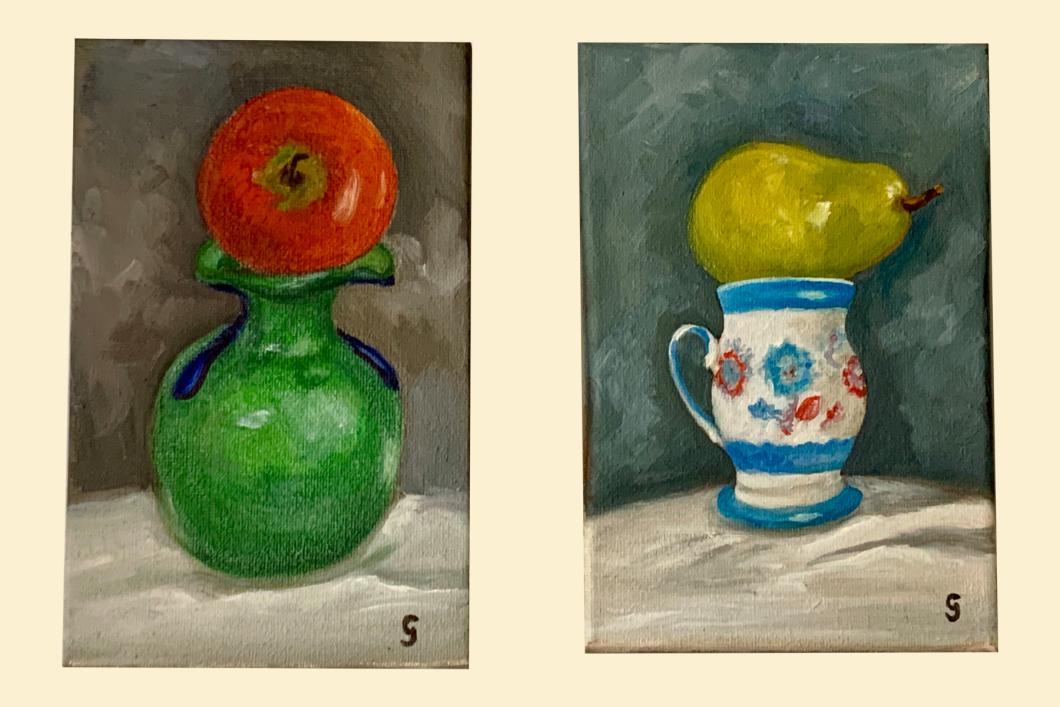 (right) Red apple on Green Vase, by Georgina Curiel (4.5” x 7”) | $65 (left) Pear on a Cup, by Georgina Curiel (4.5” x 7”) | $65