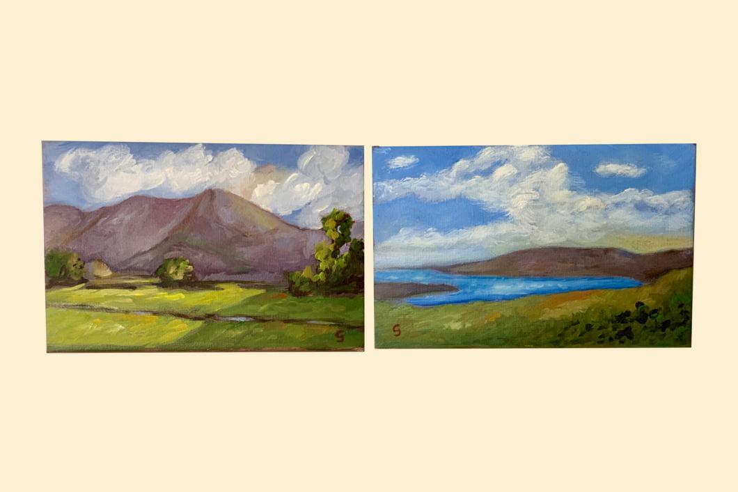 (left) Landscape with Mountain, by Georgina Curiel, (7” x 4.5”) | $45 (right) Landscape with Lake, by Georgina Curiel, (7” x 4.5”) | $45